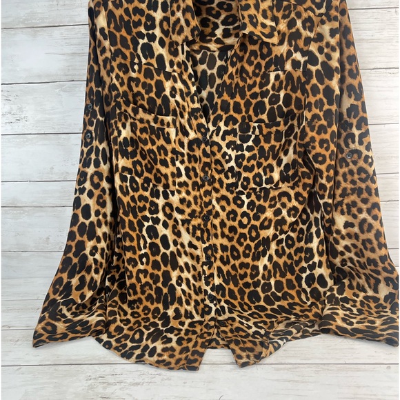 Express Portofino Shirt  Small Brown Black Leopard Button Career Casual - Picture 3 of 11